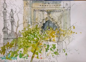 The entrance gate to the Royal Pavilion gardens, Brighton. From inside the garden.